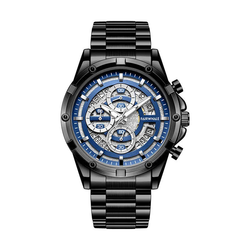 Men's waterproof luminous quartz watch with steel belt in black and blue, black and gold, or silver and white.