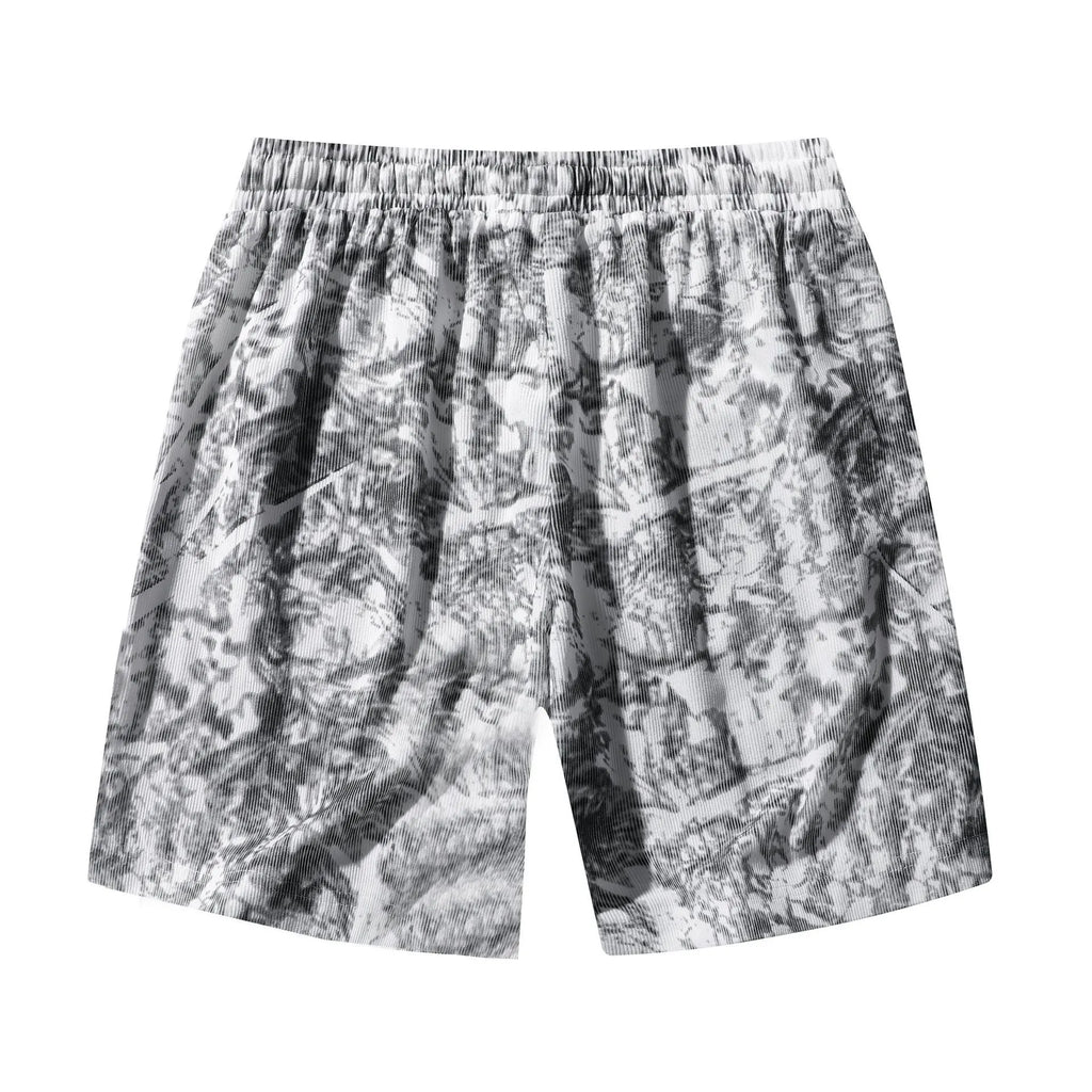 Men's camouflage pattern corduroy athletic shorts in straight cut with high waist.