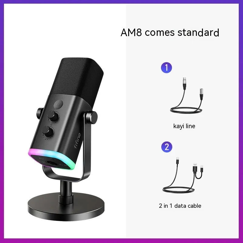 Dynamic noise reduction microphone in black, pink, or white colour with XLR cable and detachable bracket