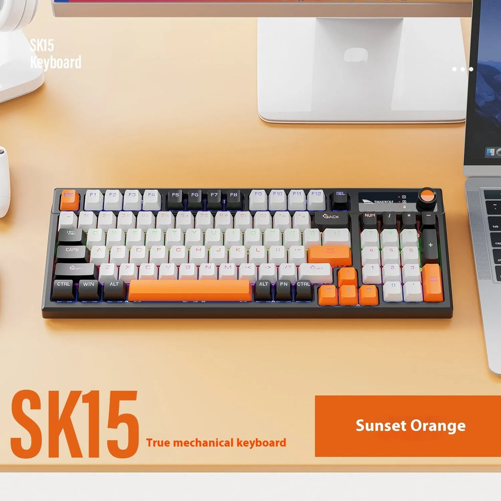 SK15 wired mechanical gaming keyboard in sunset orange, autumn water blue, or black with mixed light green switches