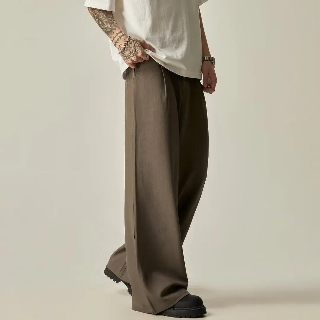 Men's solid colour vertical tube wide-leg casual trousers with elastic mid-waist
