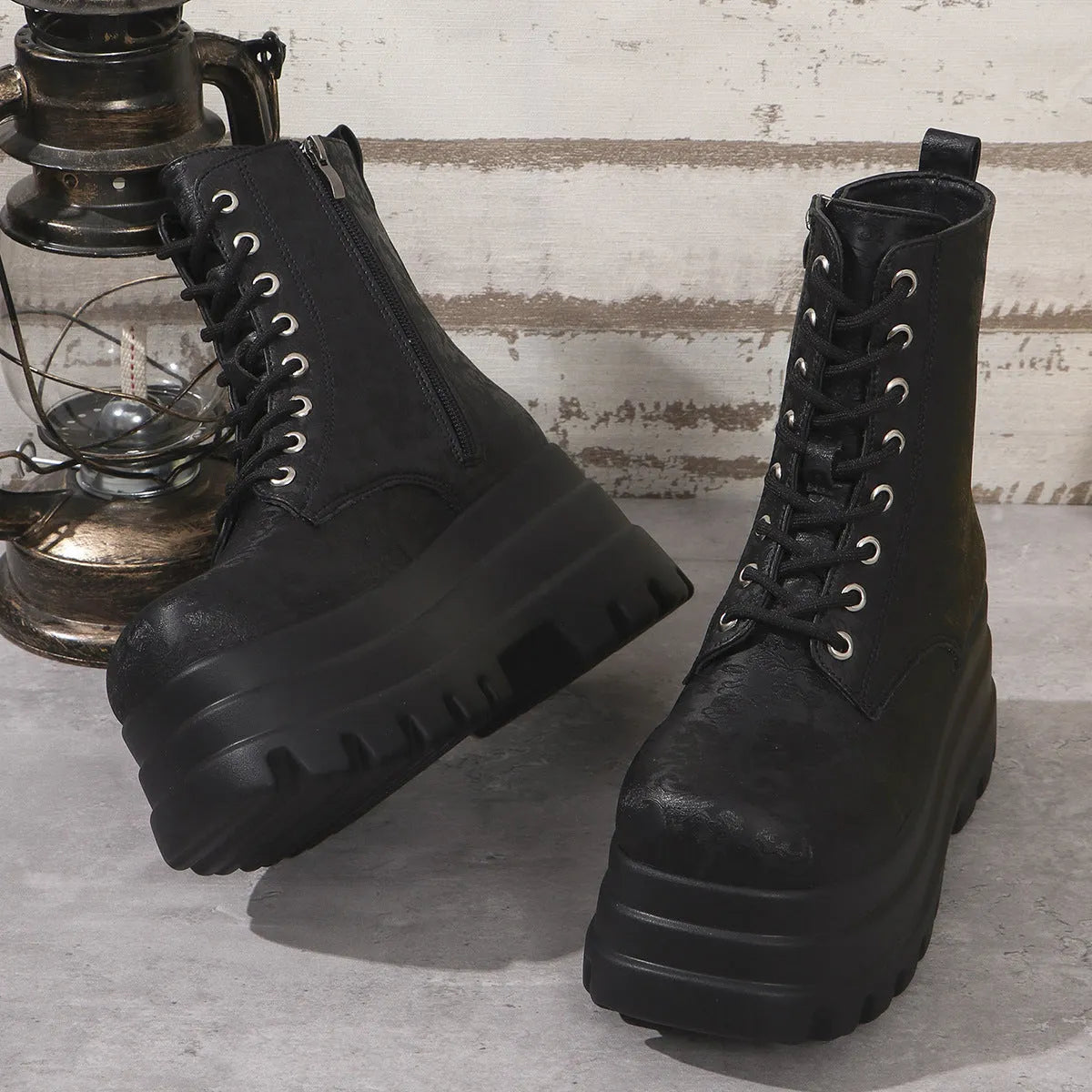 Women's black retro platform boots with chunky heel and side zipper
