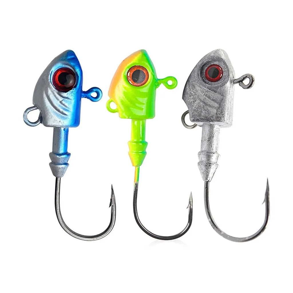 Yayu-shaped lead head fishing jig lure with barbed hook in blue, silver, and yellow colours.
