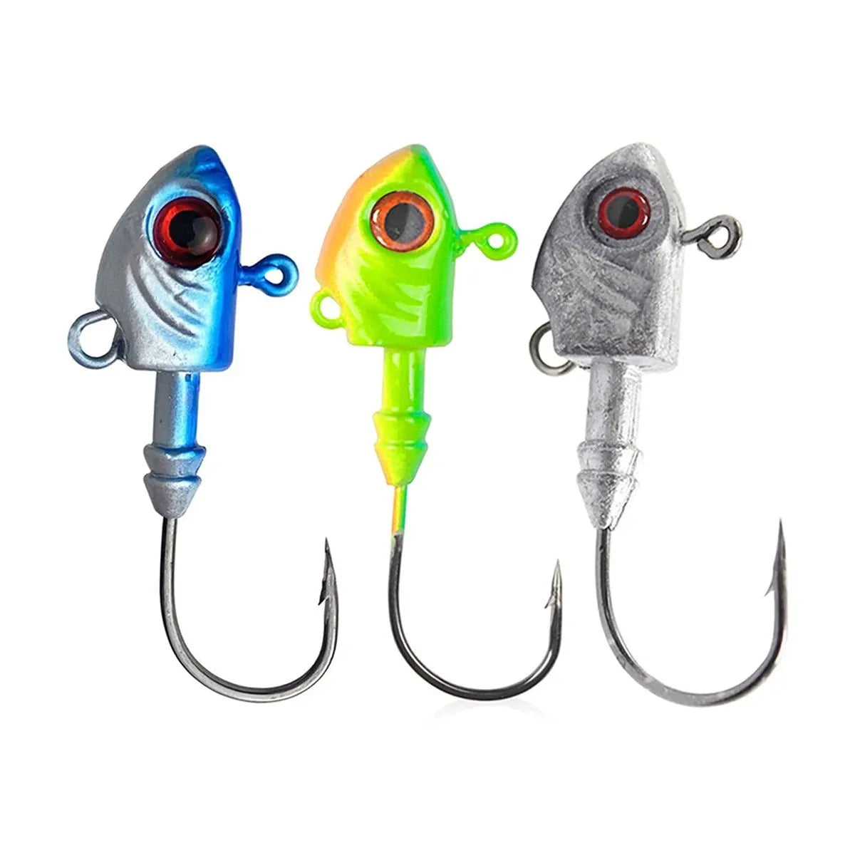 Yayu-shaped lead head fishing jig lure with barbed hook in blue, silver, and yellow colours.