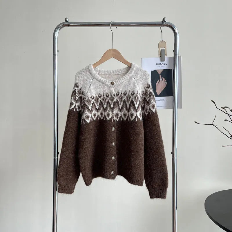 Women's loose-fit jacquard sweater coat in milky white, brown, or navy blue.