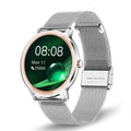 Women's smart watch with touchscreen display showing fitness metrics on silver mesh wristband
