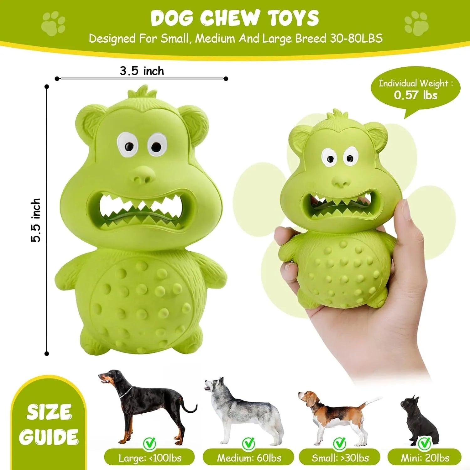 Green and yellow thick natural rubber squeaky dog chew toy for large breed dogs.