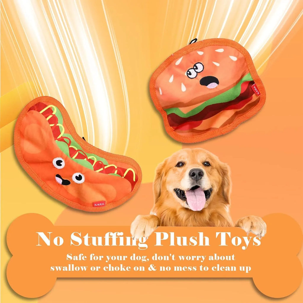 Hamburger-shaped dog chew toy with red, yellow and brown colours showing crinkle and squeak features