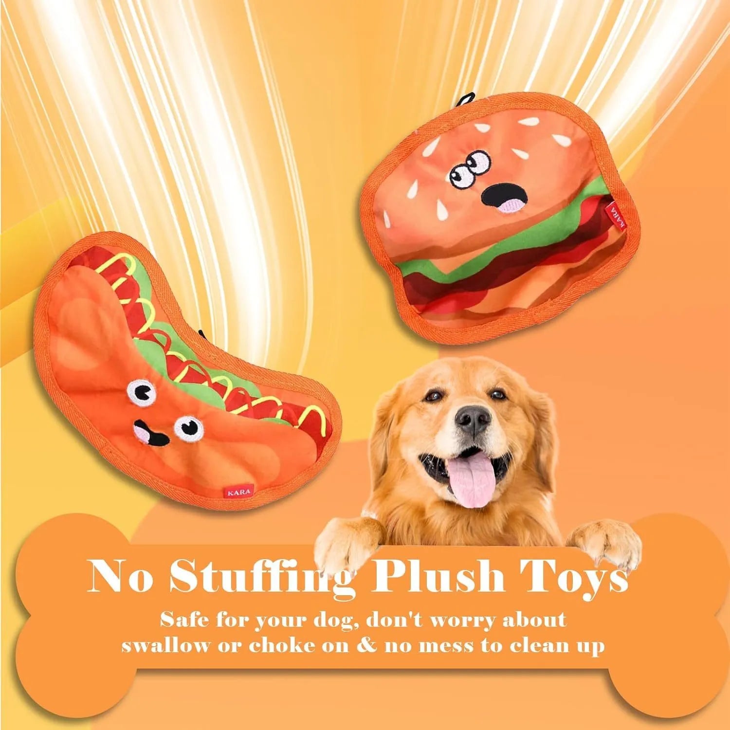 Hamburger-shaped dog chew toy with red, yellow and brown colours showing crinkle and squeak features
