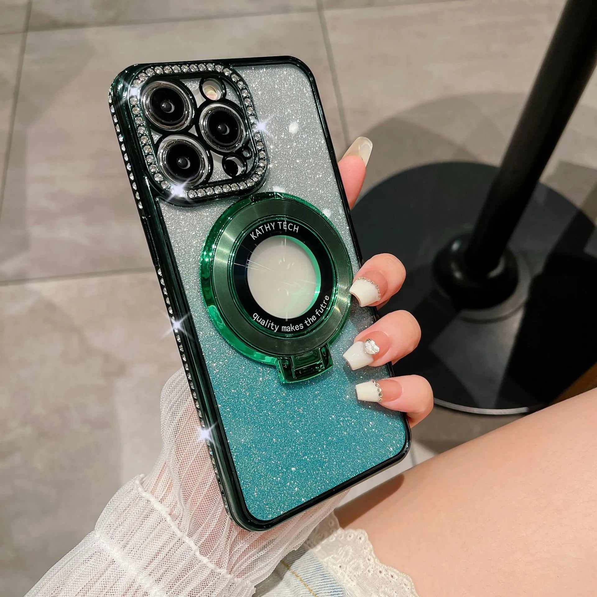 Rhinestone gradient glitter TPU phone case with magnetic suction and bracket for iPhone, peak blue gradient flash finish