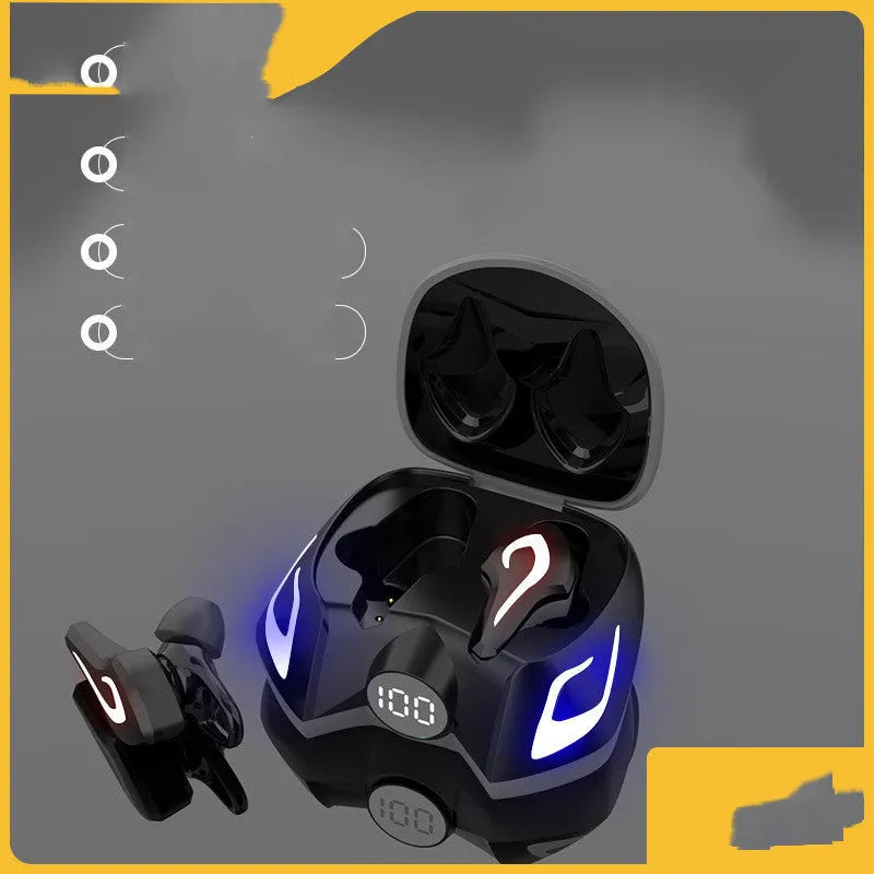 Colourful wireless gaming Bluetooth earbuds in black, grey, or yellow.