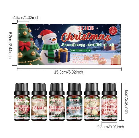 Christmas aromatherapy oil set showing six bottles with 60ml and 10ml sizes for diffusers