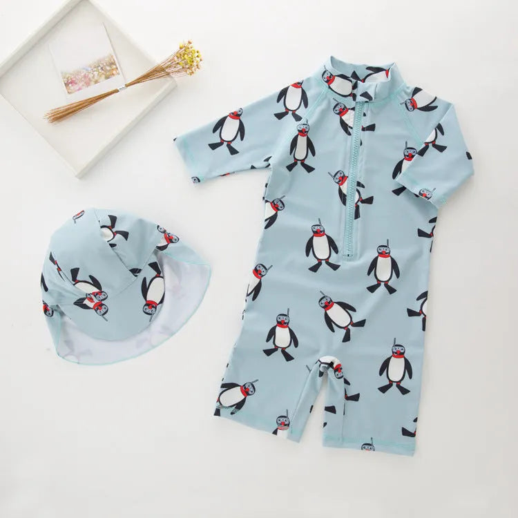 Boy's penguin long sleeves swimsuit one-piece with matching swim cap for sun protection