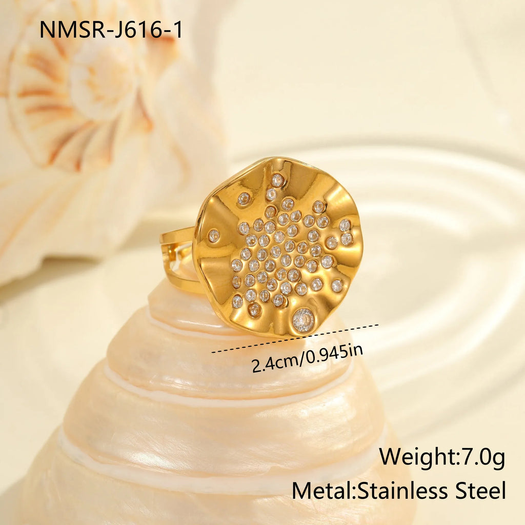 Geometric pleated titanium steel ring with crystal inlays and adjustable open mouth design