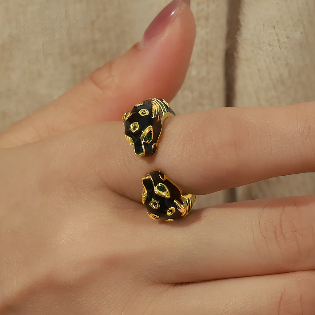 Black cheetah oil drip pattern geometric open ring for women