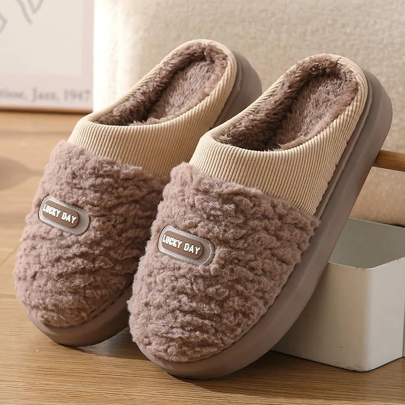 Men's grey and brown plaid cotton slippers with artificial wool lining and EVA soles