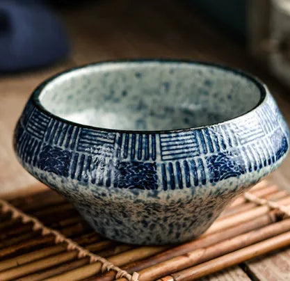 Japanese ceramic tall soup bowl with underglaze colour pattern, microwave-safe porcelain