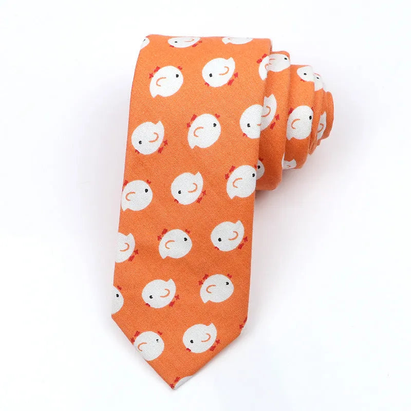 Korean style narrow men's cotton bow tie with a cartoon print pattern on an adjustable neck band.