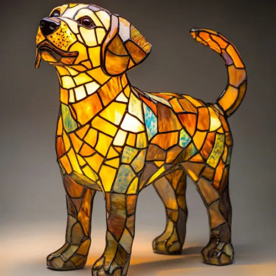Colourful resin dog lamp decoration in pug shape, button battery powered, on a shelf