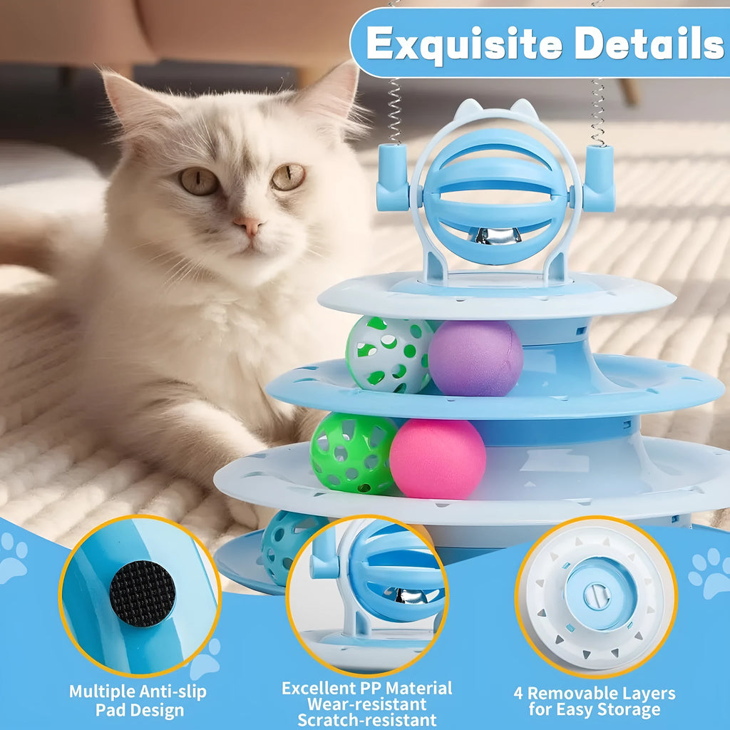 Blue 4-tier interactive cat carousel toy with coloured balls and teasing rods