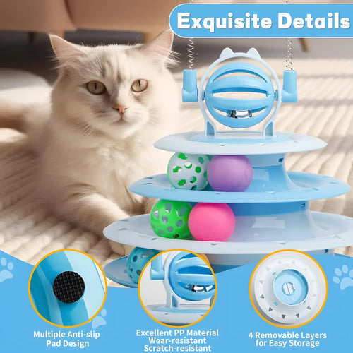 Blue 4-tier interactive cat carousel toy with coloured balls and teasing rods