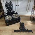 Personalised dog bowl holder with stainless steel dish on iron dog head base