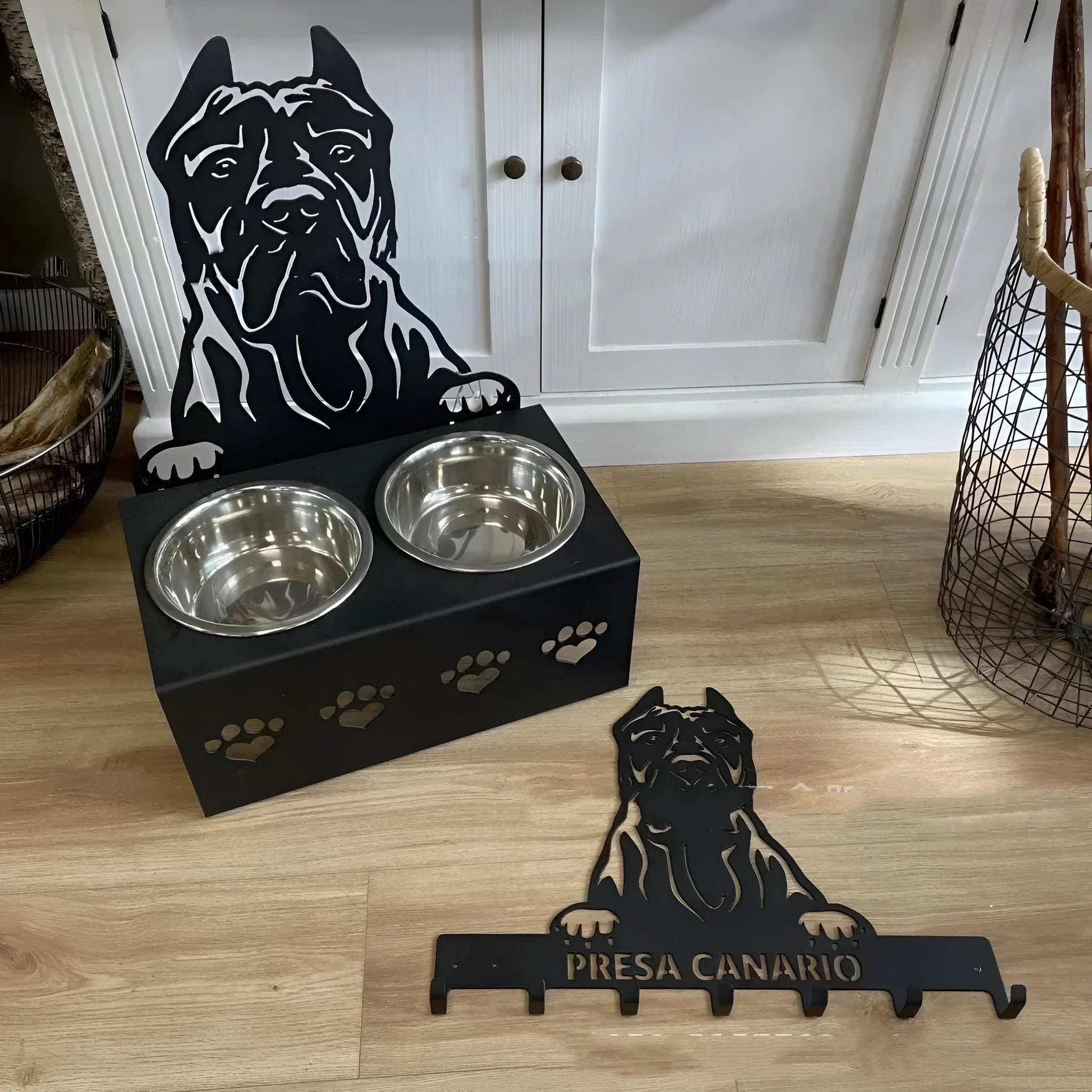 Personalised dog bowl holder with stainless steel dish on iron dog head base