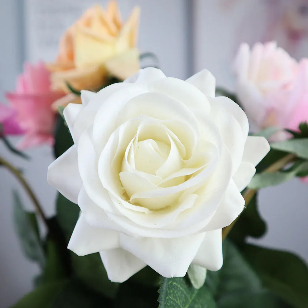 Silk touch artificial rose flower with 42cm length and 8.5cm flower head in multiple colour options