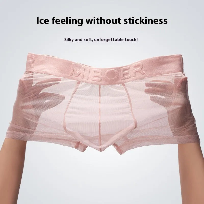 Men's thin quick-drying polyester boxers in six colours on a size chart background.