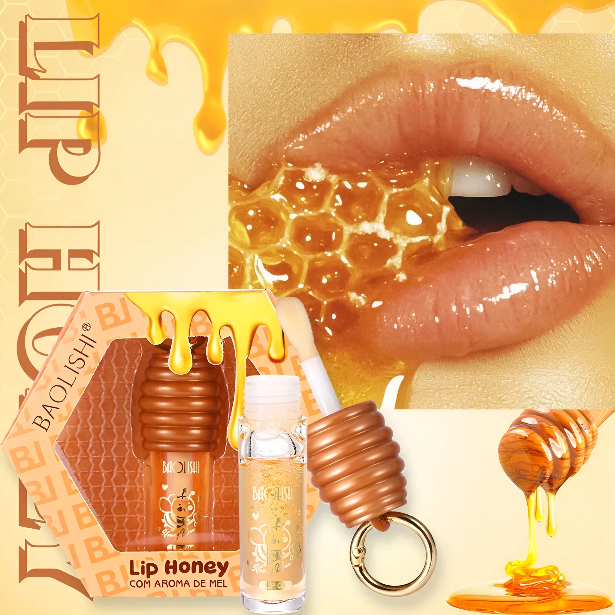 Honey lip gloss attached to keychain with pannier bag connector