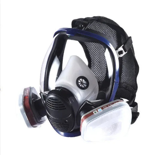 Blue edge spherical full face mask with trapezoidal canister design and KN95 filtration rating