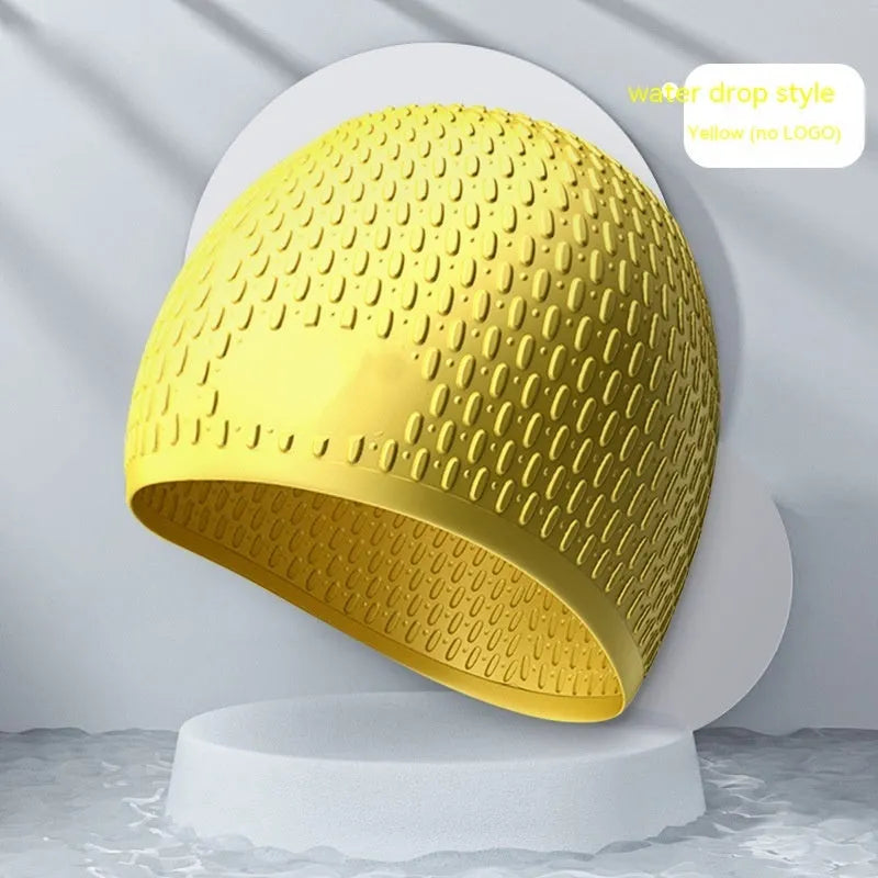 Silicone swimming cap with water drop design in solid colour options