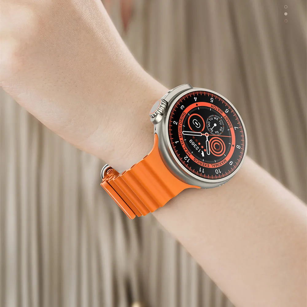 K9 smart watch with round screen and silicone strap showing health stats on display