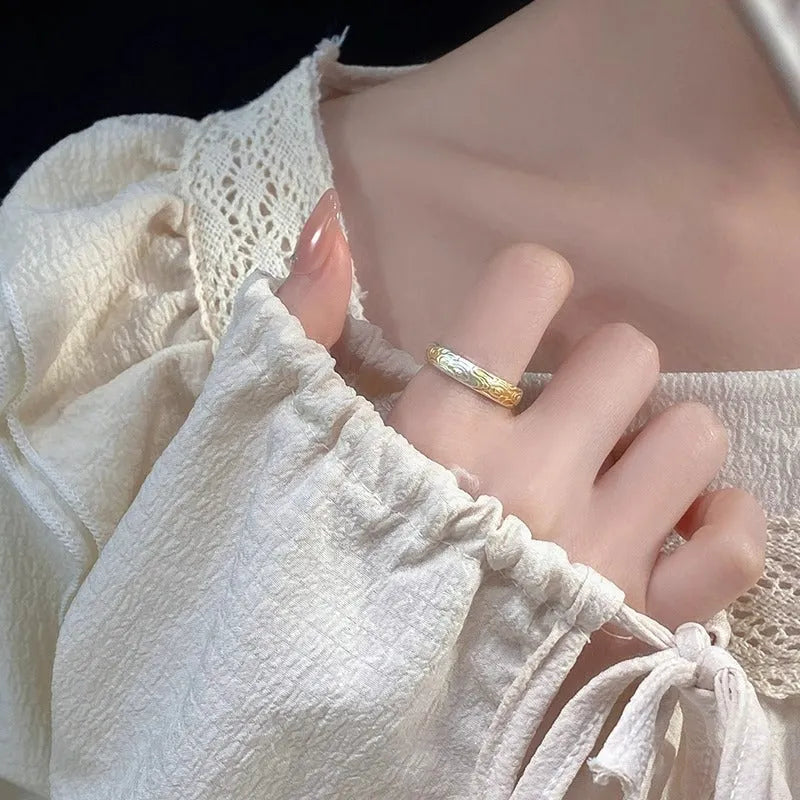Xiangyun pattern white copper ring with gold electroplating and open mouth adjustable design