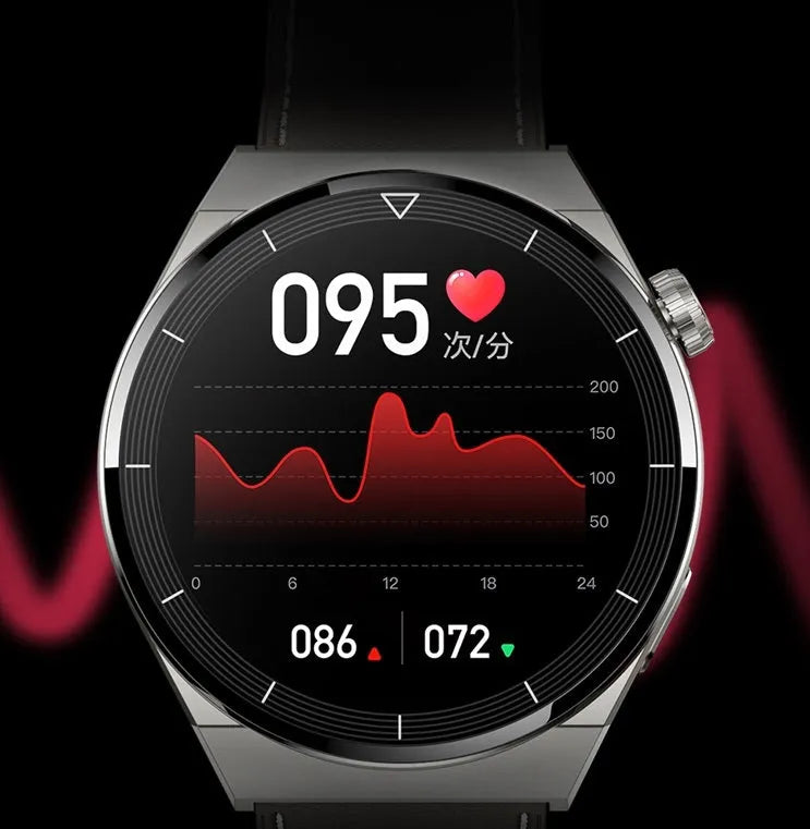 Round Android smart watch with black silicone strap showing Bluetooth calling and NFC access functions on its screen.