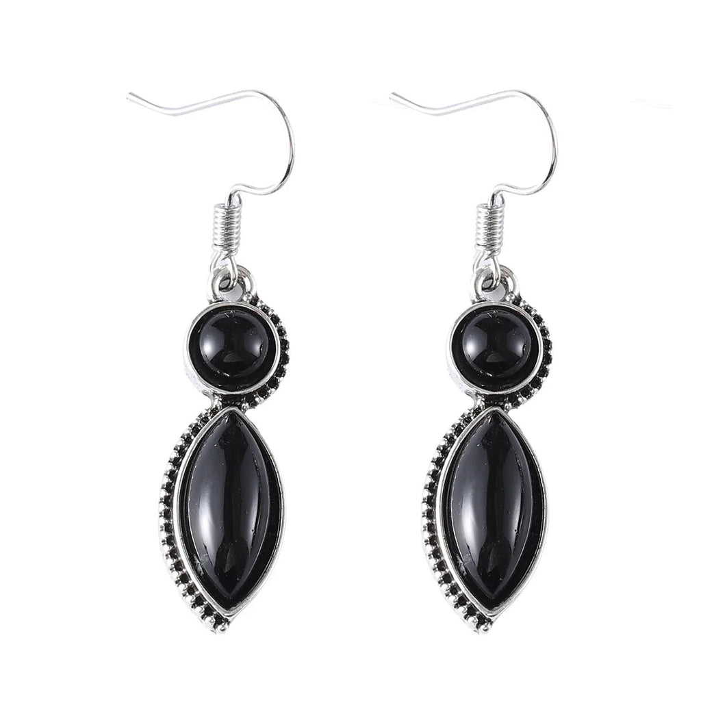 Vintage geometric pendant earrings with black and purple electroplated finish on zinc alloy.