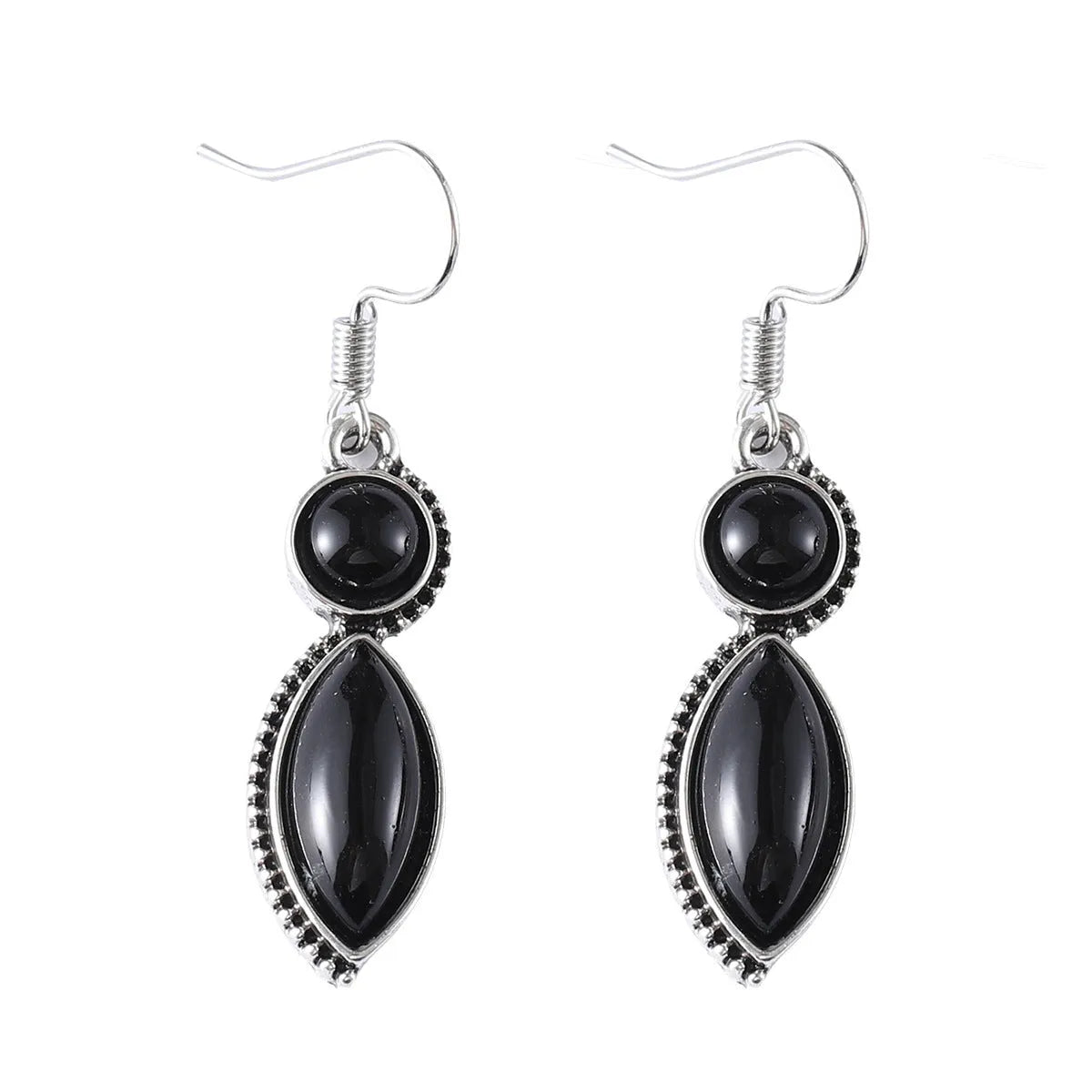 Vintage geometric pendant earrings with black and purple electroplated finish on zinc alloy.