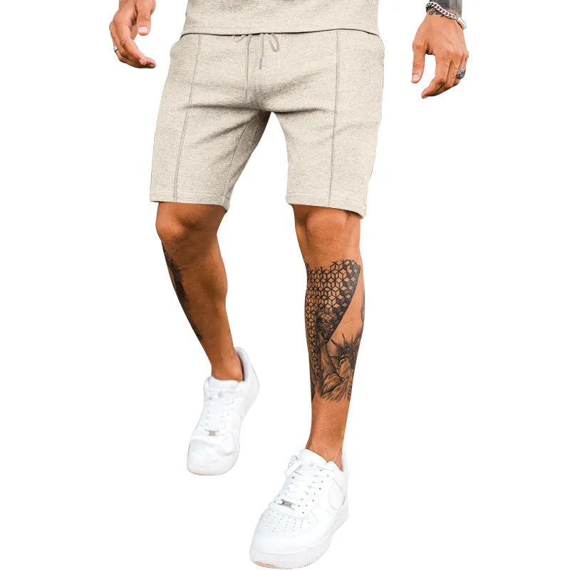 Men's plus size straight leg casual shorts in khaki, polyester with elastic waist, side view