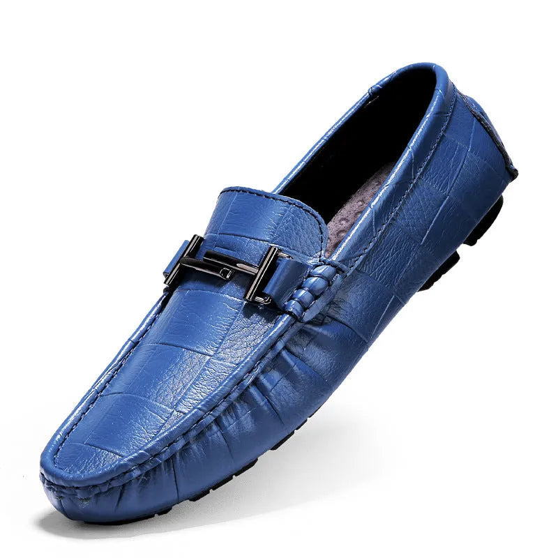 Men's casual leather shoes with belt buckle in black, blue, bronze, and white colours