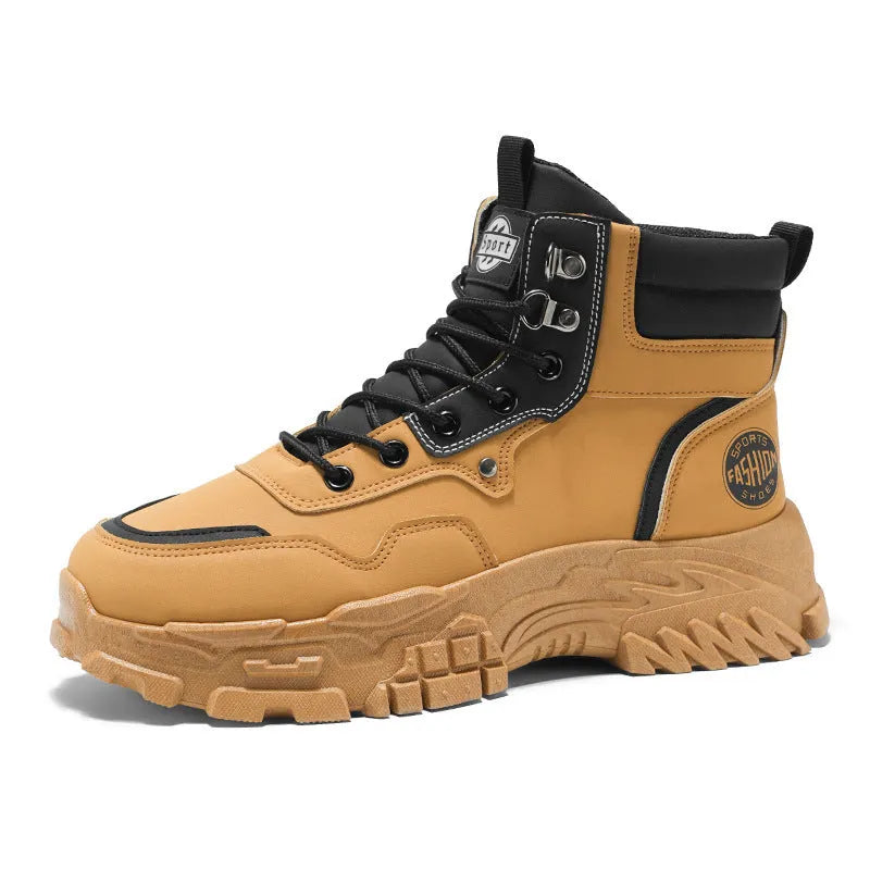 Men's Martin boots in black and yellow with artificial PU upper and mid-calf height