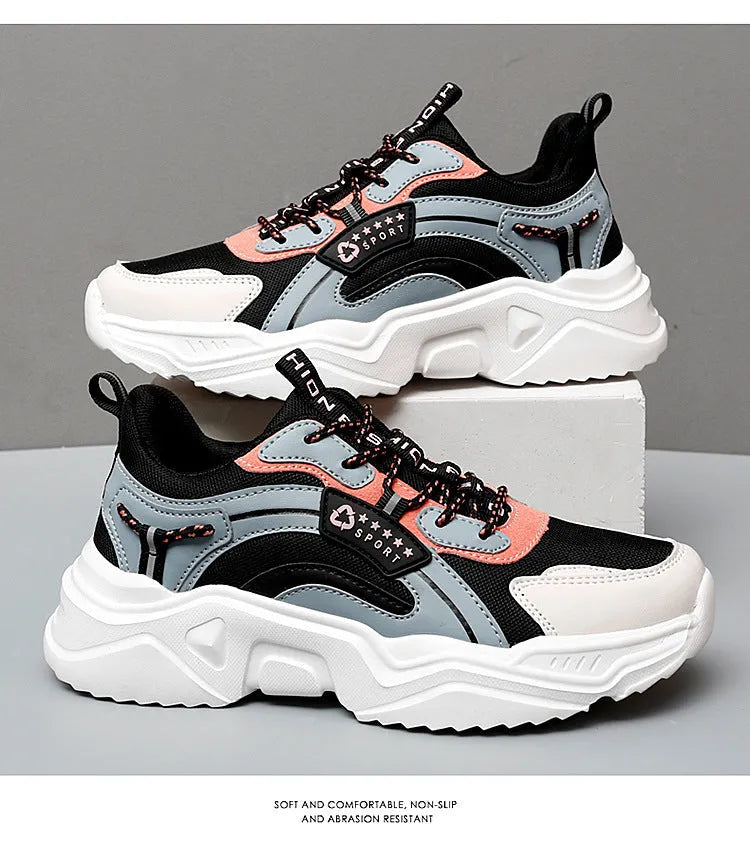 Women's white mesh casual sports shoes with thick PU soles and round toe design