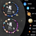 Set of twelve natural stone beaded bracelets, each representing a different zodiac sign with celestial charms.
