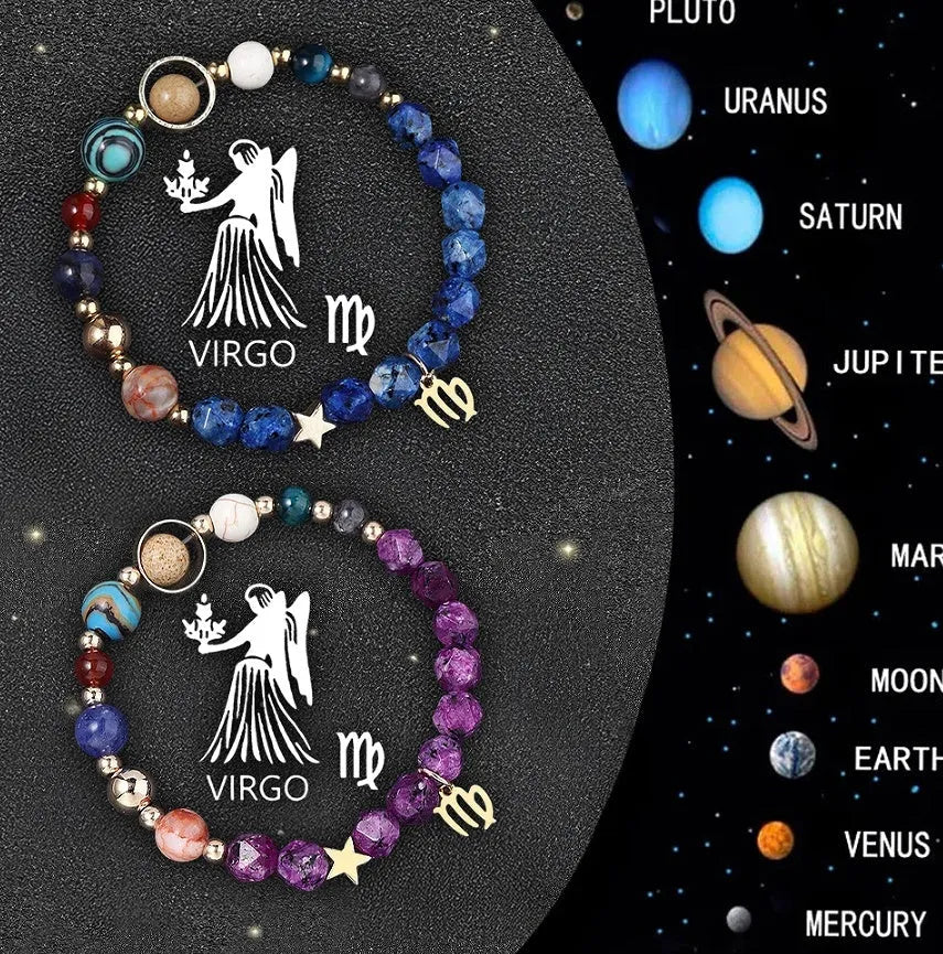 Set of twelve natural stone beaded bracelets, each representing a different zodiac sign with celestial charms.