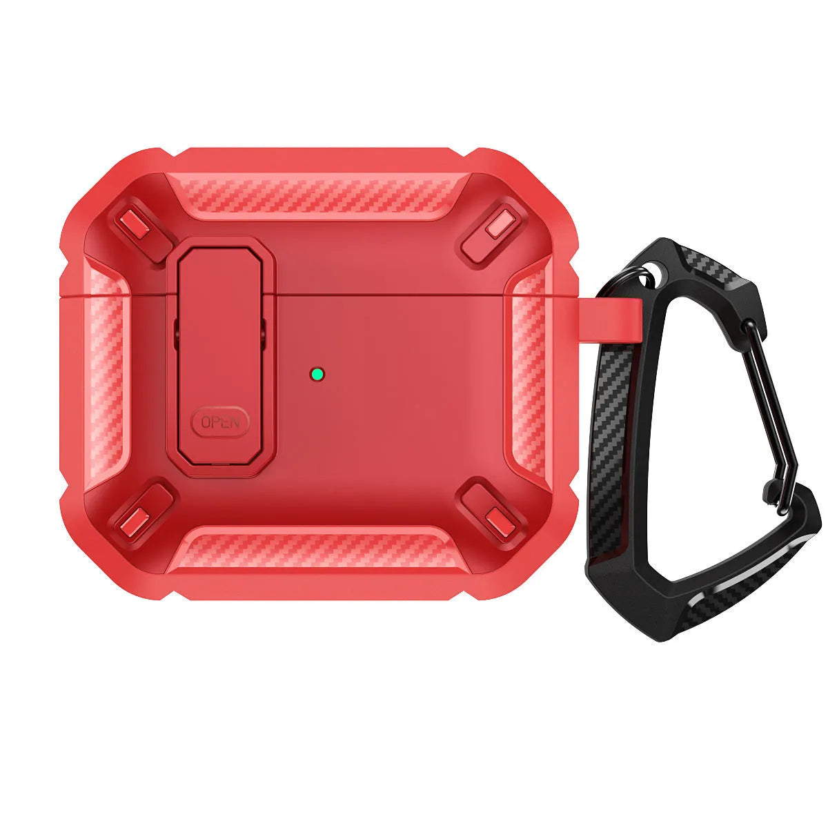 Two-colour plastic clamshell protective case for Apple AirPods with a metal hook attached.