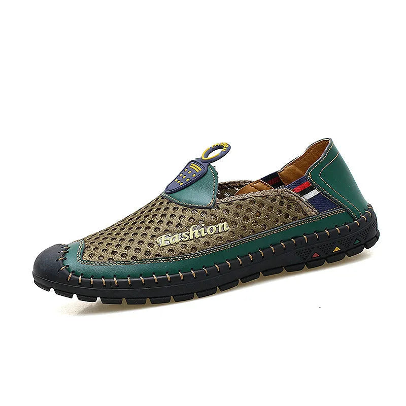 Men's brown breathable mesh casual shoes with round toe and rubber sole on a plain background.
