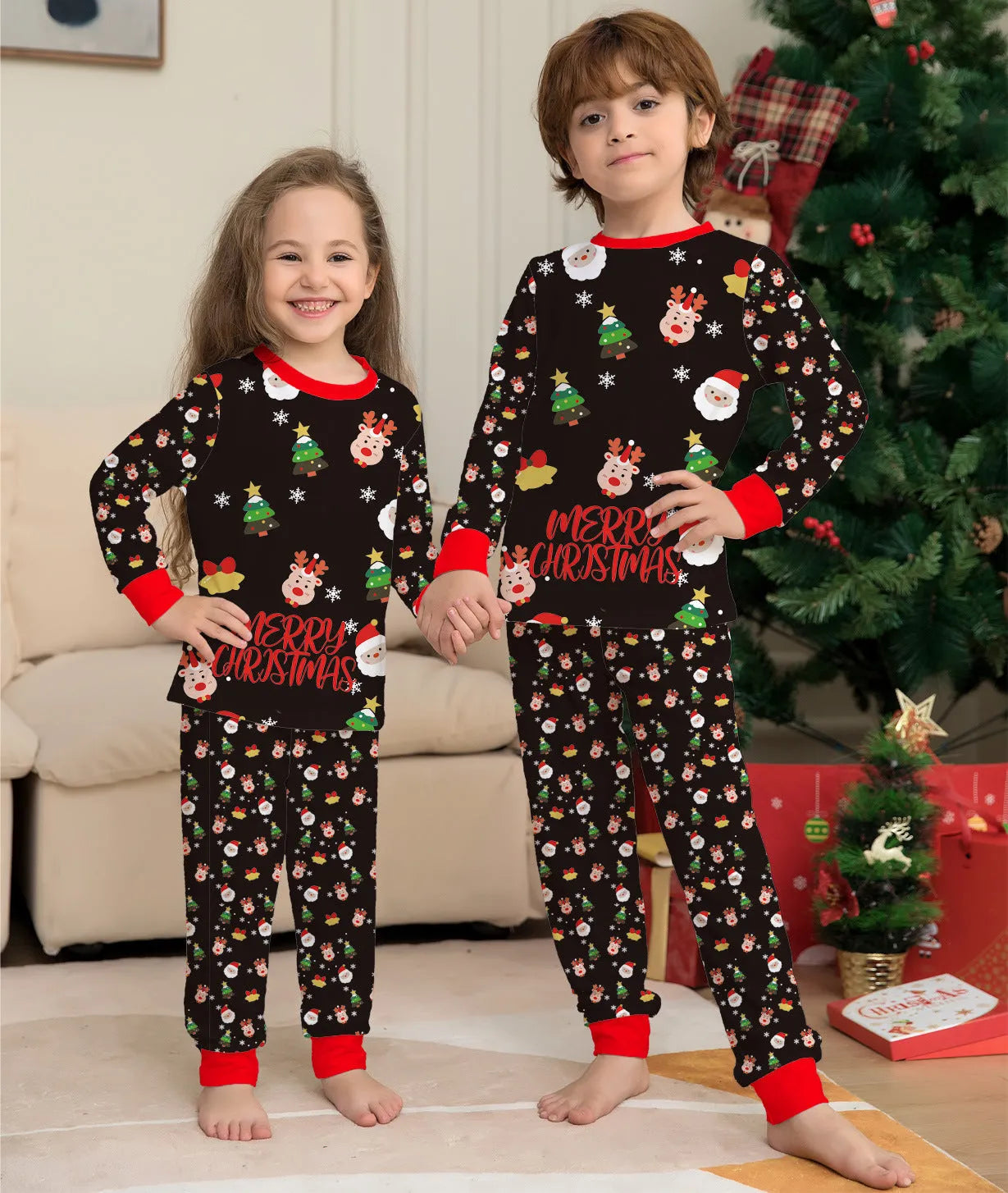 Family wearing matching red plaid Christmas pyjamas set, including adults, children, and a dog.