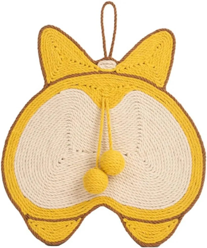 Yellow Corgi design sisal cat scratching pad with anti-slip base and adhesive hooks