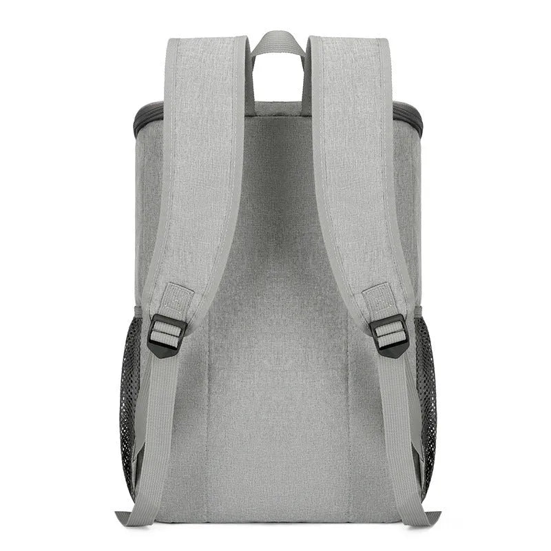 Large outdoor thermal picnic backpack in grey-orange colour with curved shoulder straps and compartments.