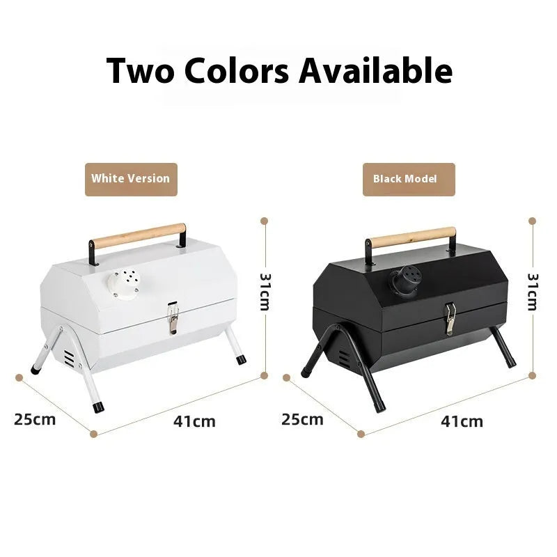 White portable barbecue grill with folding design and detachable carbon tanks for frying and baking.