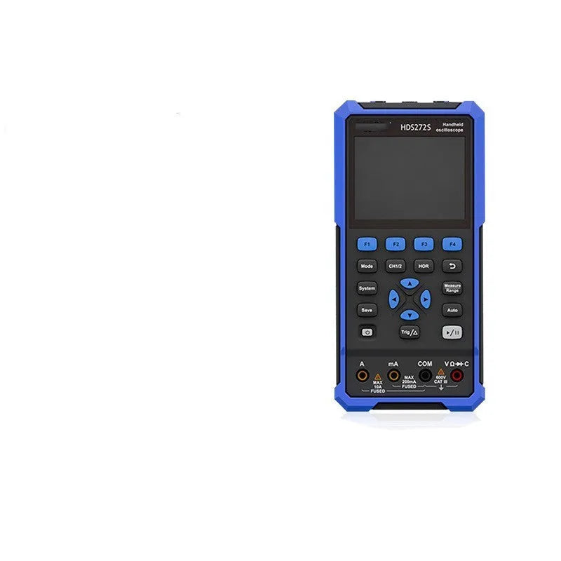 Owon HDS272 handheld digital oscilloscope with probes on automotive engine diagnostic testing